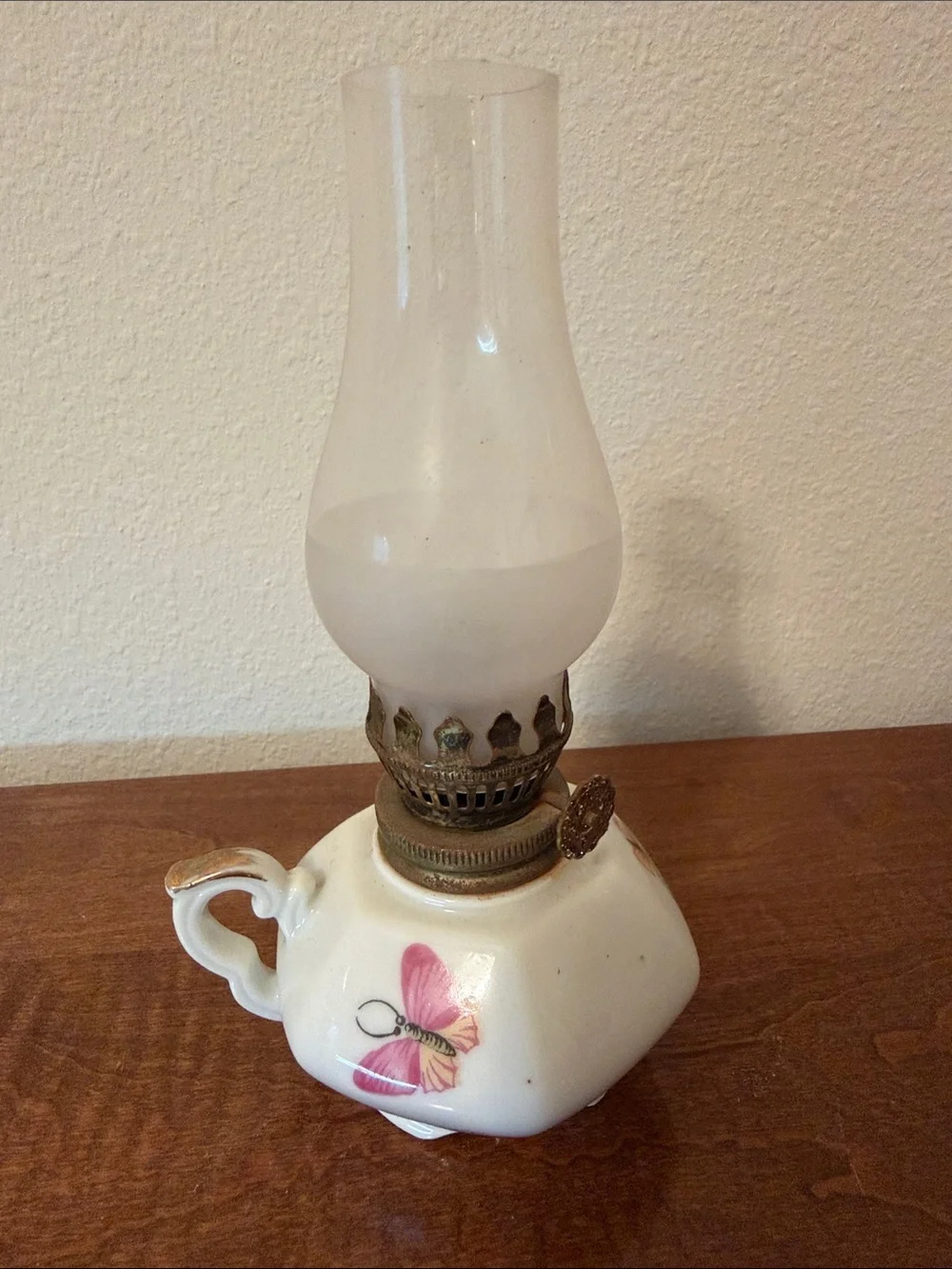 Porcelain Oil Lamp with Pink Butterfly Accent